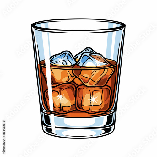 Alcoholic drink is displayed in transparent glass with ice cubes for party and celebration. Drink composition for bar menu shows beverage to attract consumers.