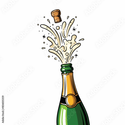 Popping champagne bottle against white, celebratory popping champagne bottle design for party invitation. Popping champagne bottle with cork explodes with white liquid splash,
