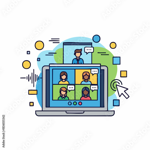 Virtual meeting interface displays four people communicating online via computer, engaging in real time conversation. Virtual meeting illustrates collaboration, remote teamwork,