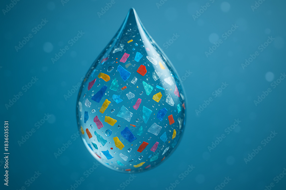 Fototapeta premium Water droplet filled with colorful microplastic particles environmental pollution concept microplastics contamination in oceans global plastic crisis sustainability awareness ecology problem clean wat