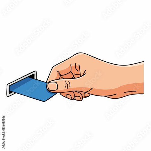 Hand with card inserting card into slot, human palm using ATM. Card payment is convenient. The simple card payment is safe and quick. Concept card payment for cashless transactions and purchases.