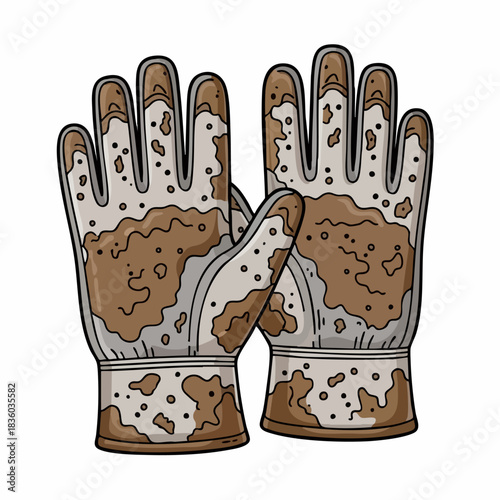 Dirty gloves laying flat. This set of protective dirty gloves is perfect for showing hard work. Illustrative dirty gloves conveys labor intensive jobs.