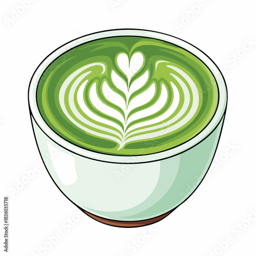 Green matcha latte art with heart shape on frothy surface. Matcha latte presented as foamy drink, sweet beverage in white bowl. Enjoy matcha latte for healthy lifestyle.