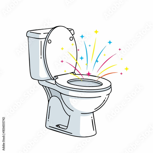 Toilet bowl illustration with open lid and colorful sparkles in bathroom. Toilet bowl is ready for cleaning and disinfection, toilet bowl fresh and hygienic.