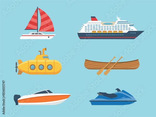 Variety of Water Transportation Vessels Illustration.