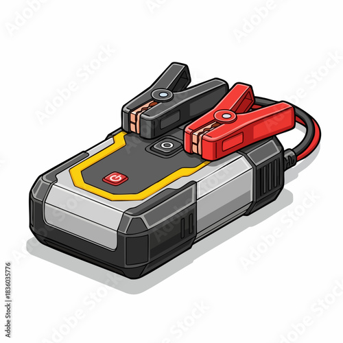 Portable jump starter with clamps for car, isolated on white background. This jump starter is used in automotive situations, jump starter helps start car engine in emergency.