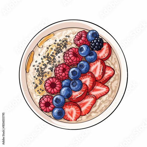 Oatmeal with berries in white bowl on table, delicious breakfast concept. Oatmeal with berries topped with honey and quinoa seeds adds flavor and visual appeal.