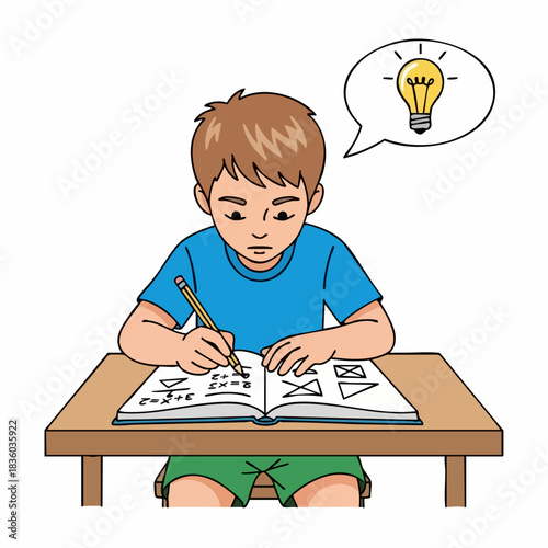 Boy drawing with a pencil in his notebook at a table, sketching out geometric shapes, with lightbulb above his head. Boy drawing represents idea generation and creative thinking.