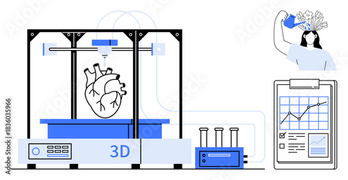 Biomedical innovation, education, creativity, heart care, scientific research, technology. A 3D printer creating a human heart, a chart and a person watering a head with plants. Biomedical