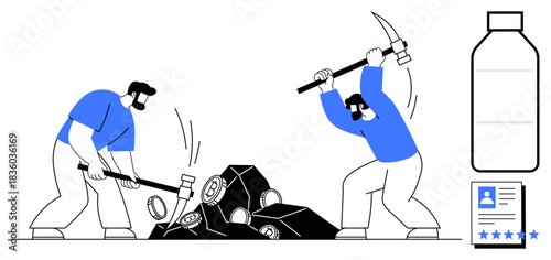 Workers breaking blocks with pickaxes representing cryptocurrency mining, alongside a digital profile card and blockchain-inspired bottle icon. Ideal for cryptocurrency, digital identity, blockchain
