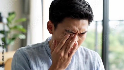 Man Experiencing Eye Discomfort, Rubbing Eye Showing Pain, Close Up Expression