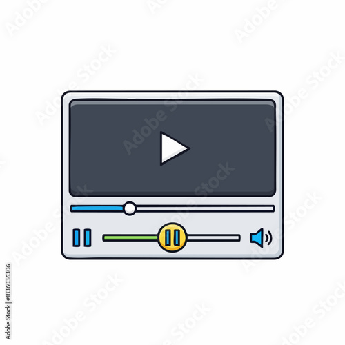 Isolated media player interface element on white shows digital video player in minimalistic layout. Concept media player includes volume control and play button, all necessary for multimedia playback.