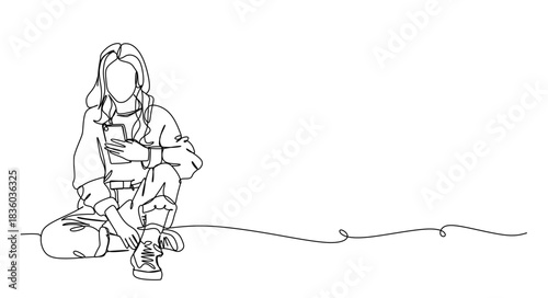 Continuous line art of a young woman with tied hair sitting while playing with her smartphone. Vector illustration