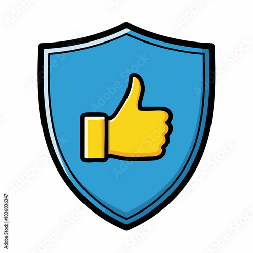 Thumbs up symbol inside blue shield for secure approval, indicating positive feedback and validation. Thumbs up showcases affirmative endorsement,
