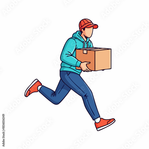 Delivery man in hurry holding cardboard box, seen running with package. Delivery man express delivers fragile order. Business concept delivery man for shopping online services, e-commerce business.