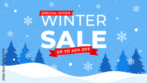 Winter sale banner template with snow landscape, blue background, snowflakes and pine trees, modern seasonal promotion design for sale ads, digital marketing, social media, web and pages