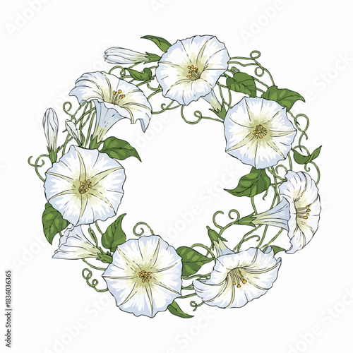 Floral wreath showcasing elegant white flowers and delicate foliage in circular arrangement. Floral wreath presents aesthetic composition of blooming petals and entwined leaves,