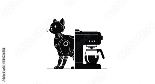 Black cat standing beside modern coffee maker machine in minimalist white background, simple illustration for animal pet and kitchen appliance concept
