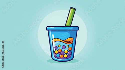 Blue bubble tea drink with colorful tapioca pearls and straw.