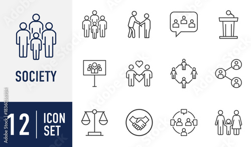 Society line icons set. people, community, social interaction, communication, family, justice, and business concepts. outline symbols for web and print applications. Vector