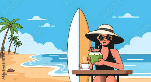 Tropical Vacation: Woman Enjoying Coconut Drink on Sunny Beach Illustration