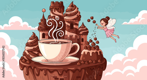 Fantasy chocolate castle with fairy and hot drink illustration for sweet dreams