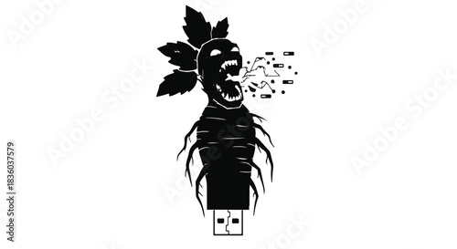 Frightening mandrake root fused with USB drive, symbolizing data corruption and digital fear.