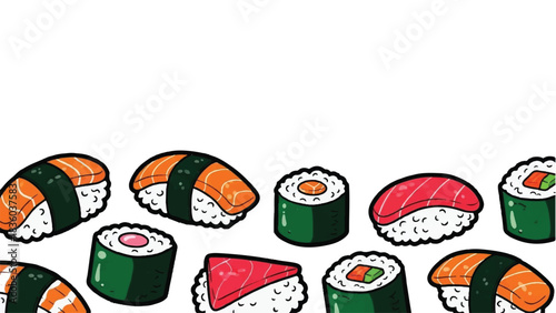 Assortment of delicious sushi rolls and nigiri on a white background.