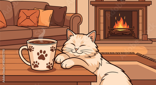 Cozy cartoon scene featuring a relaxed cat, warm coffee and fireplace backdrop