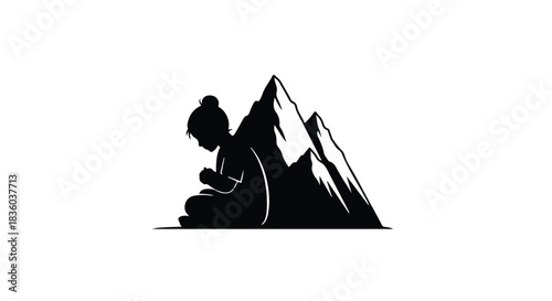 Serene silhouette of a person meditating against a majestic mountain peak, symbolizing peace and inner strength.