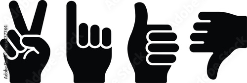 Hand gesture icons showing peace, pointing, like, and dislike signs on white. isolated on white background, illustration