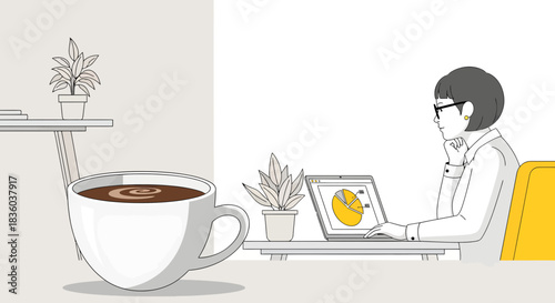 Businesswoman analyzing diagrams with coffee break, work from home illustration