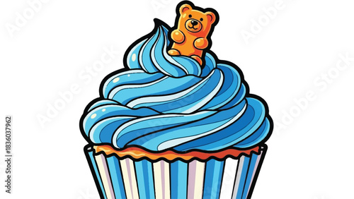 Blue Swirl Cupcake with Gummy Bear Topping.
