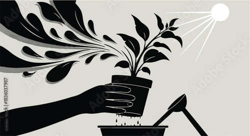 Black silhouette hand holding potted plant with watering can and sun, symbolizing eco friendly gardening and growth