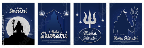 Maha Shivratri posters set with Shiva silhouette, moon, trishul on night blue background. Vertical vector illustration for Hindu festival greeting, banner design, digital art