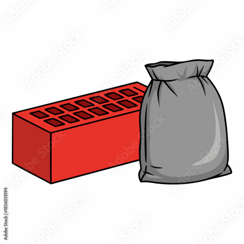 Brick and cement bag on white, building materials stand together. Brick and cement bag provide construction resources, elements of building site.