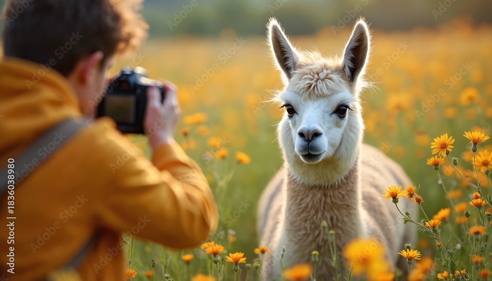 Naklejka premium Photographer takes photo of llama in field of wildflowers. Animal is looking at camera. Photo shows connection between wildlife and a human. Artistic image of a beautiful serene moment.