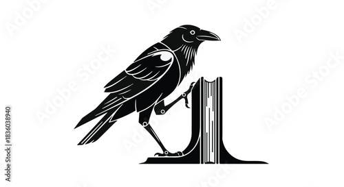 Mysterious black raven perched on a stylized, abstract wooden post against a white background.