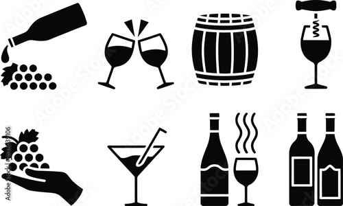 Wine and beverage icons set. grapes, bottles, glasses, barrel. isolated on white background, illustration