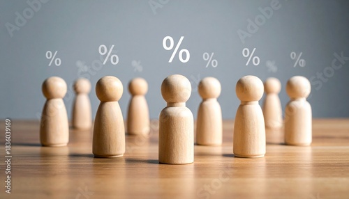 Wooden figurines with percentage symbols above them, arranged on wood surface to represent data distribution.