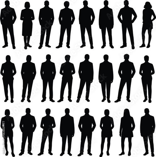 Business people silhouettes stand, diverse group, professional design isolated on white background, illustration