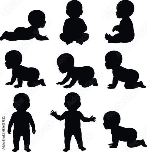 Baby development milestone silhouettes, infant growth stages set isolated on white background, illustration