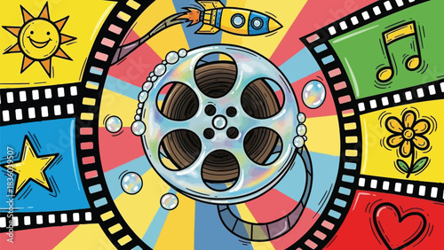 Vibrant cartoon film reel celebrating creativity and imagination, featuring a rocket, sun, star, flower, heart, and music note for kids' content