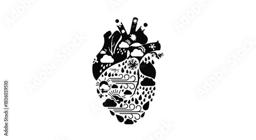Artistic heart illustration filled with diverse weather elements symbolizing emotional cycles