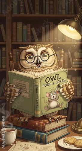 Wise Owl Reading a Book in a Cozy Library Setting with Warm Light.