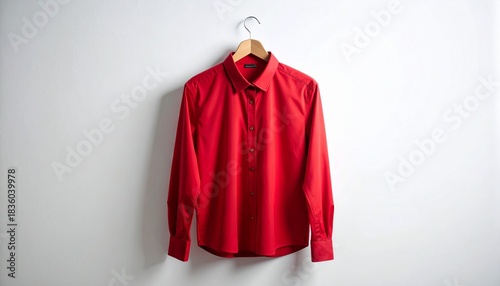 Red long-sleeved shirt hanging on a wooden hanger against a white wall, fashion, apparel, clothing, style, minimalist