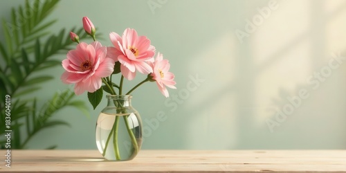 Delicate pink blossoms in a glass vase bathed in soft light against a textured wall
