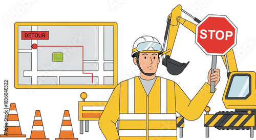 Road construction worker guiding traffic with stop sign and detour information