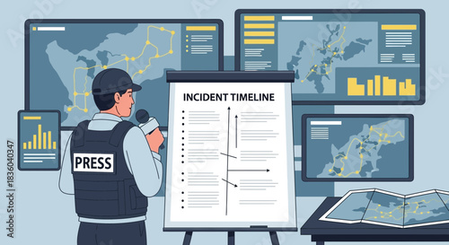 Press briefing on incident timeline with maps and data screens visualization