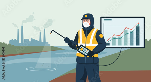 Environmental impact monitoring by an operator measuring river contamination levels